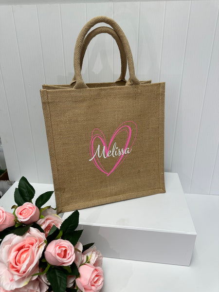 Medium Personalized Waterproof Burlap Tote - White Heart