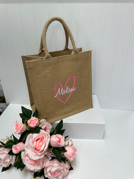 Medium Personalized Waterproof Burlap Tote - White Heart