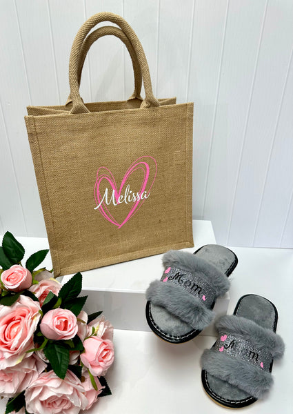 Medium Personalized Waterproof Burlap Tote - White Heart