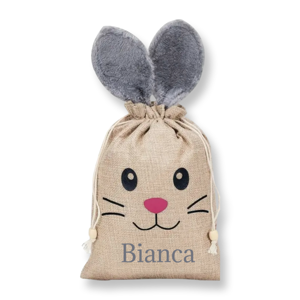 Large Personalized Bunny Burlap Bag - Grey