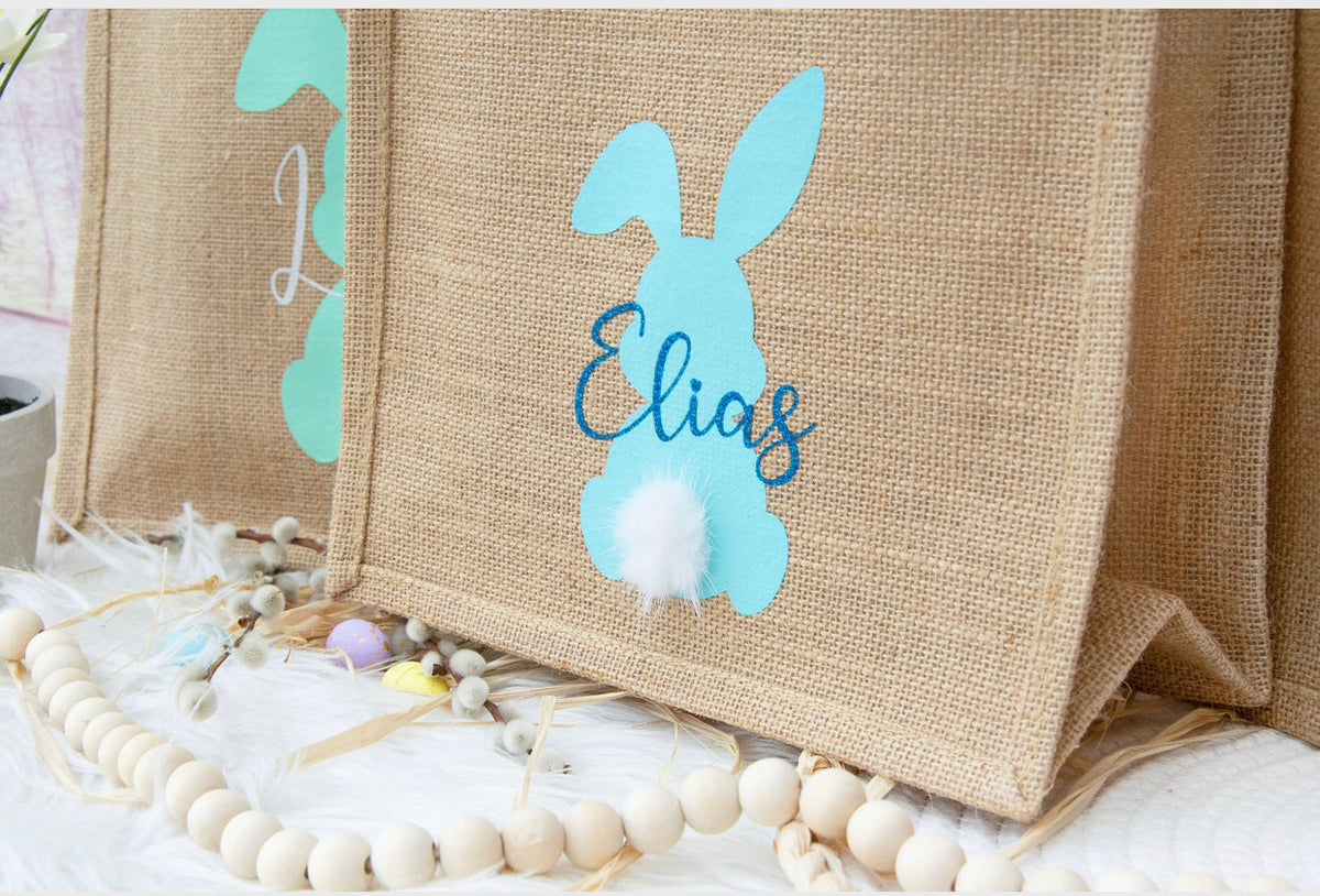 Personalized Easter Basket Jute Bag - Light Blue