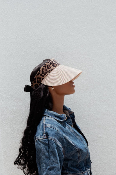 Leopard Print Visor with Satin Ribbon - Light pink