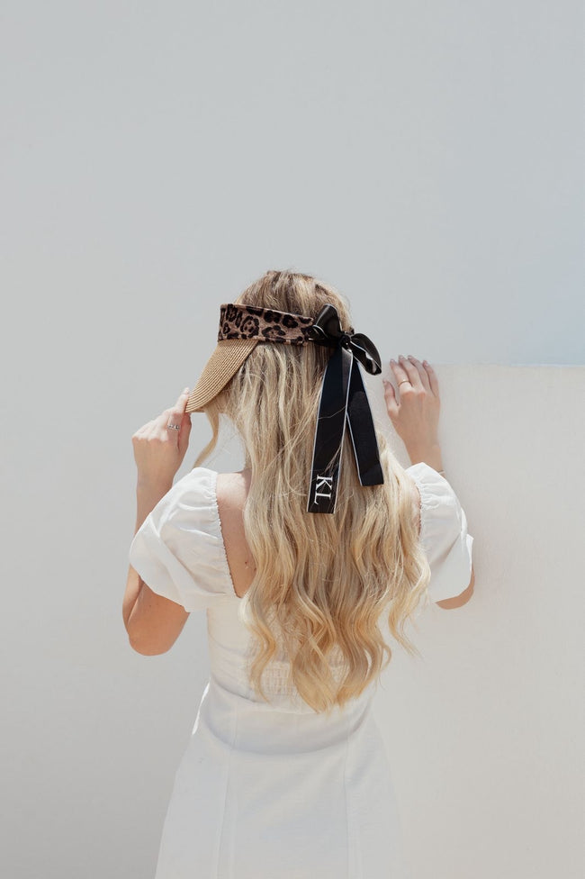 Leopard Print Visor with Satin Ribbon - Camel