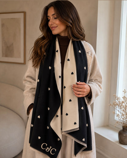 Black/Beige Heart Cashmere blend Pashmina