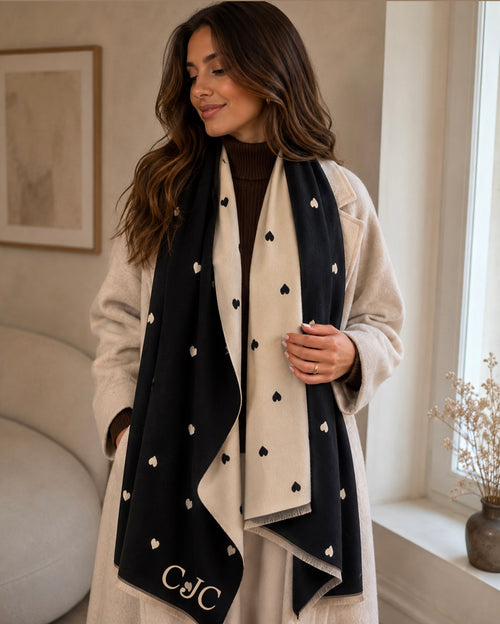 Black/Beige Heart Cashmere blend Pashmina