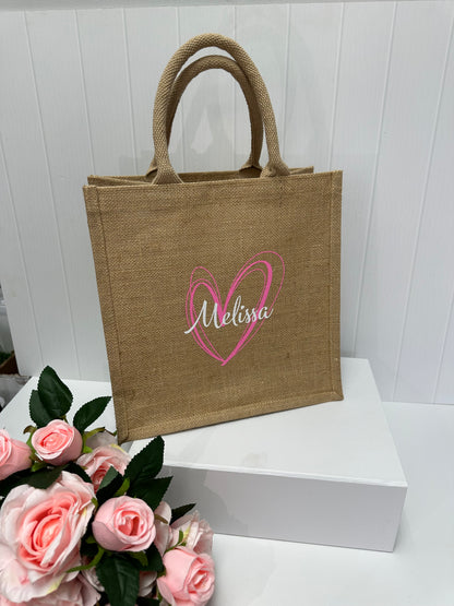 Medium Personalized Waterproof Burlap Tote - White Heart