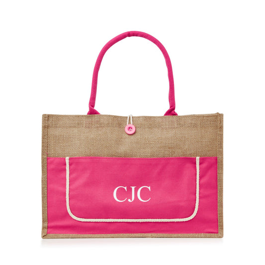 XLarge Personalized Burlap Tote with Side Pocket -Pink