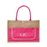 XLarge Personalized Burlap Tote with Side Pocket -Pink