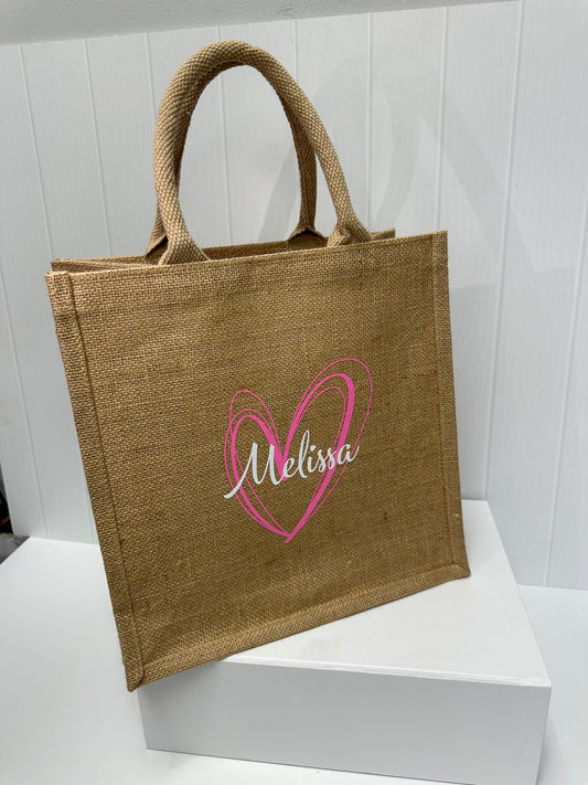 Medium Personalized Waterproof Burlap Tote - White Heart