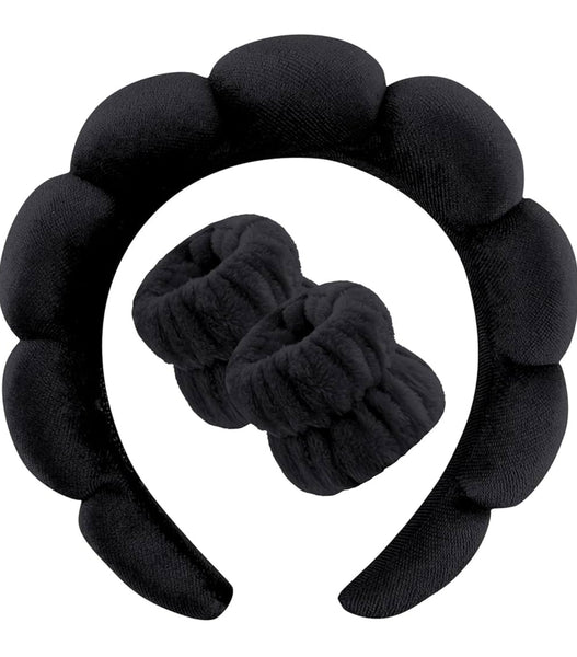 3 Piece Personalized Spa Headband Set for Facial care and makeup Removal -Black