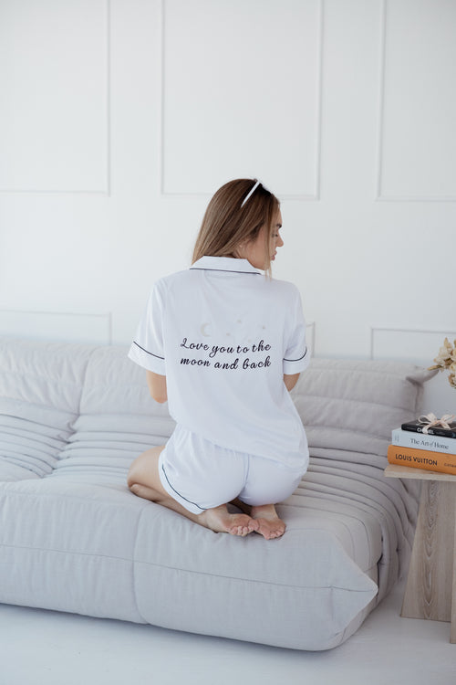 White Ladies Personalized PJ sets - love you too the moon and back