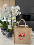 Load image into Gallery viewer, Medium Personalized Waterproof Burlap Tote - Red Heart
