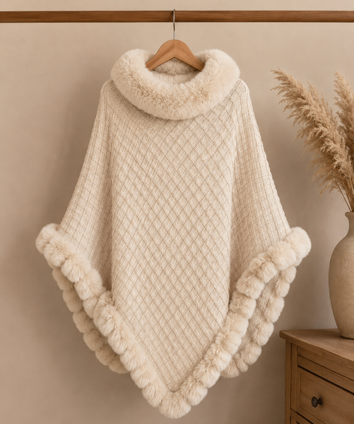 Limited Edition Faux Fur Poncho - Beige