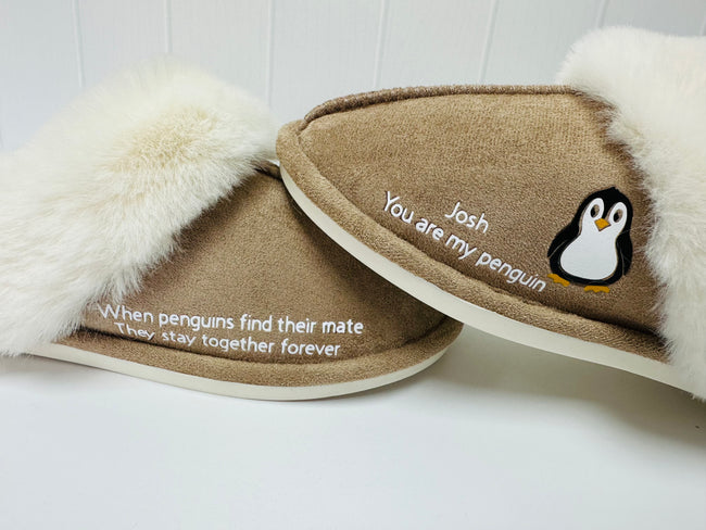 Men's Valentine's Day Slippers - when a penguin finds their mate they stay together forever