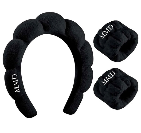 3 Piece Personalized Spa Headband Set for Facial care and makeup Removal -Black