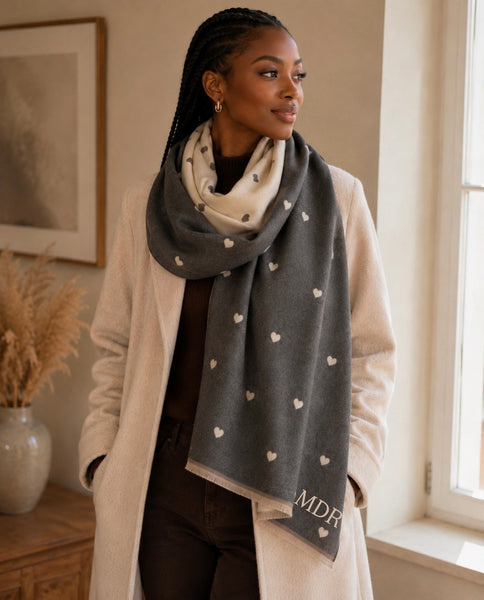 Grey/ Beige Heart Cashmere blend Pashmina