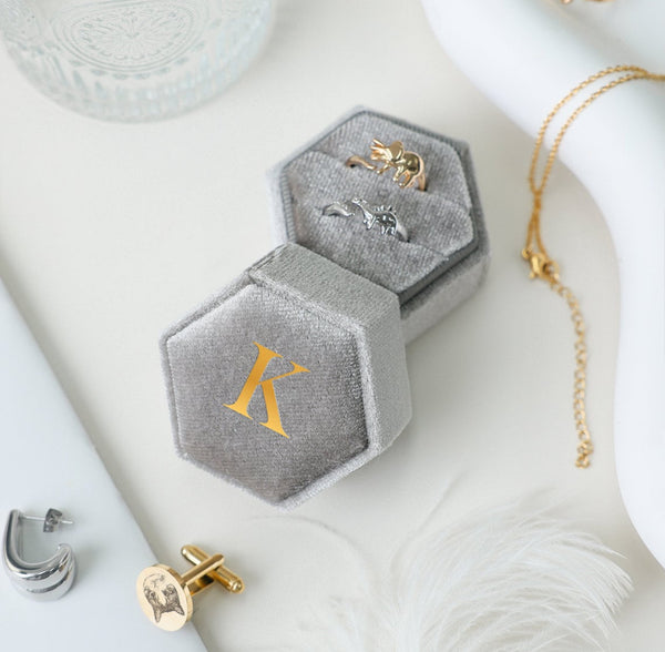Light Grey Personalized Double Slot Ring Box