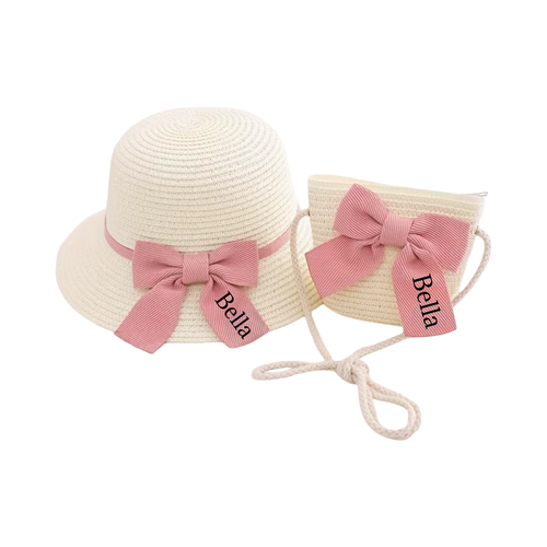 Girls Personalized Beach Bag and Sun Hat Set -White Set