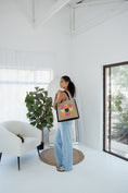 Load image into Gallery viewer, Black Trimmed Large Burlap Tote -LOVE HEARTS
