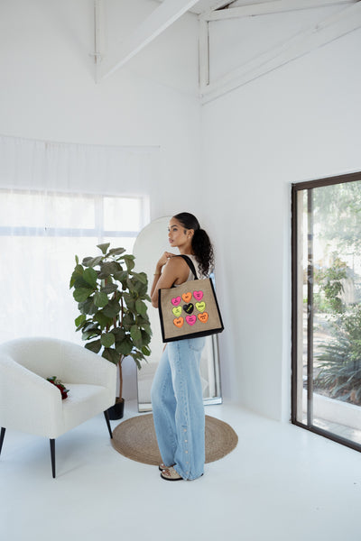 Black Trimmed Large Burlap Tote -LOVE HEARTS