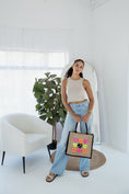 Load image into Gallery viewer, Black Trimmed Large Burlap Tote -LOVE HEARTS
