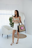 Black Trimmed Large Burlap Tote -3D Hearts Pink