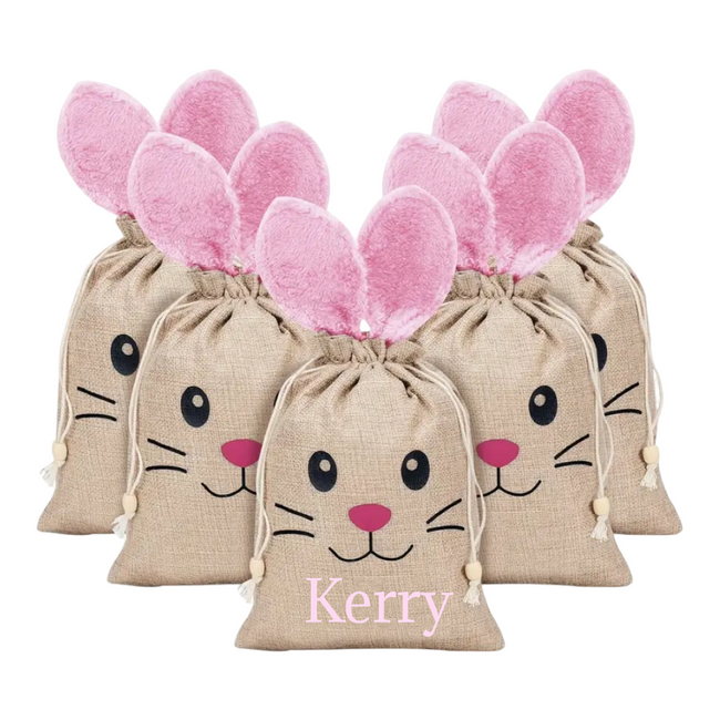 Large Personalized Bunny Burlap Bag - Pink