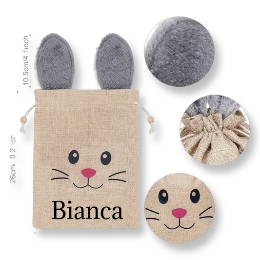 Large Personalized Bunny Burlap Bag - Grey