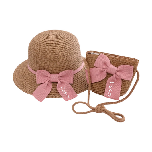 Girl Personalized Beach Bag and Sun Hat Set -Pink