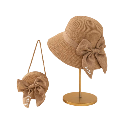 Girls Personalized Beach Bag and Sun Hat Set - Camel