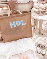 Double Initials Medium Personalized Waterproof Burlap Tote - Cream Trim