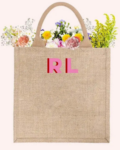 Double Initials Medium Personalized Waterproof Burlap Tote - Cream Trim