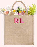 Double Initials Medium Personalized Waterproof Burlap Tote - Cream Trim