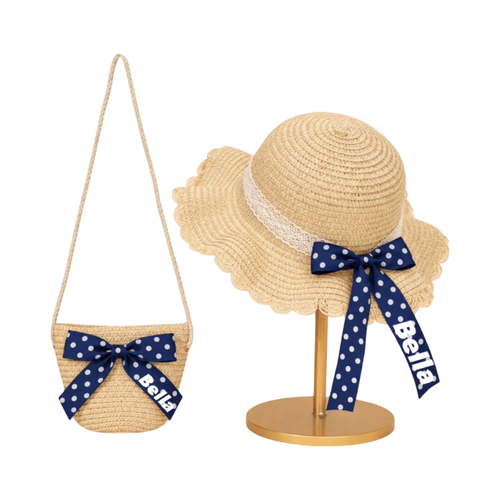 Girls Personalized Sun hat and Bag duo Navy and White Polka Dot