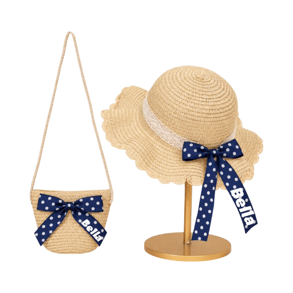 Girls Personalized Sun hat and Bag duo Navy and White Polka Dot