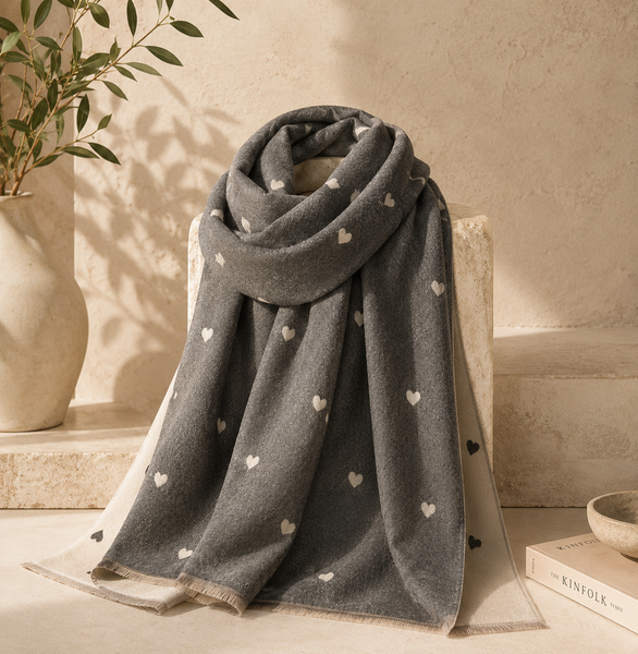 Grey/ Beige Heart Cashmere blend Pashmina
