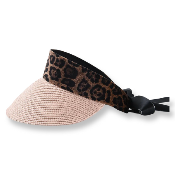 Leopard Print Visor with Satin Ribbon - Light pink