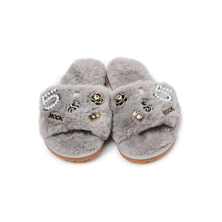 Grey Personalized Slippers with Pink Hearts