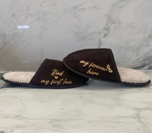 Chocolate Brown Men's Father's Day Slippers-Dad my first love my forever hero