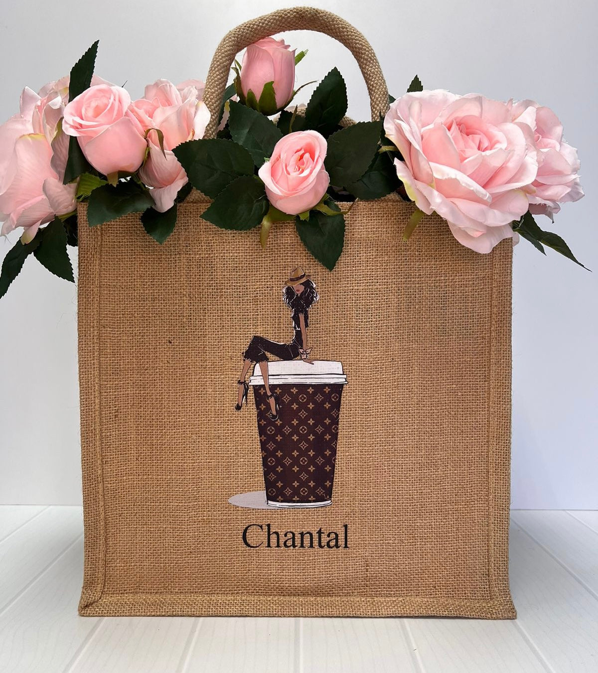 Medium Personalized Waterproof Burlap Tote - Cappuccino Collection