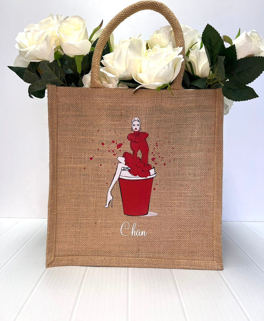 Medium Personalized Waterproof Burlap Tote - Red Espresso Collection