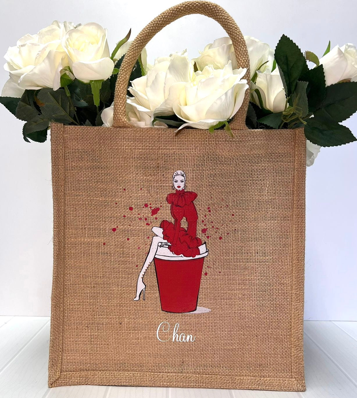 Medium Personalized Waterproof Burlap Tote - Red Espresso Collection