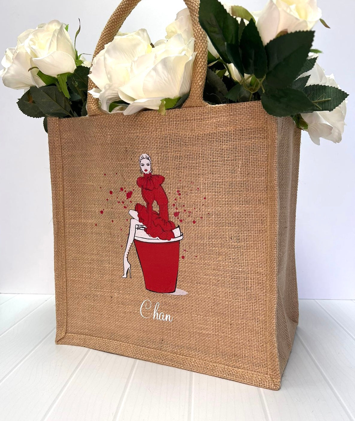 Medium Personalized Waterproof Burlap Tote - Red Espresso Collection