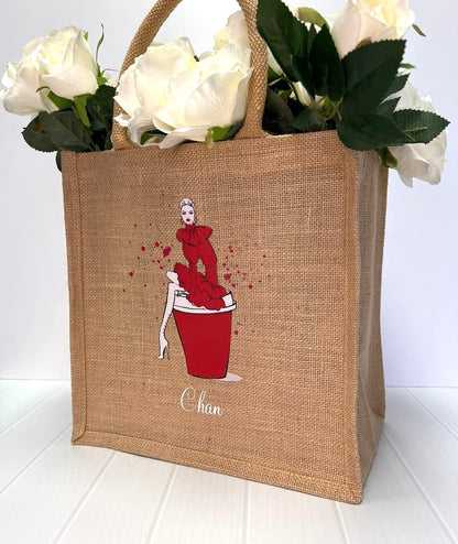 Medium Personalized Waterproof Burlap Tote - Red Espresso Collection