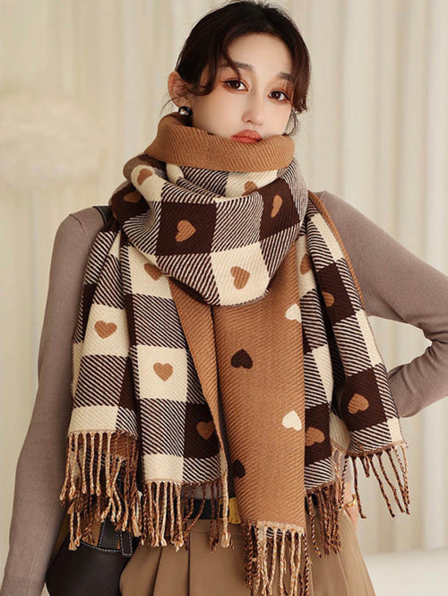 Luxury Double Sided Heart Cashmere blend Scarf -Brown