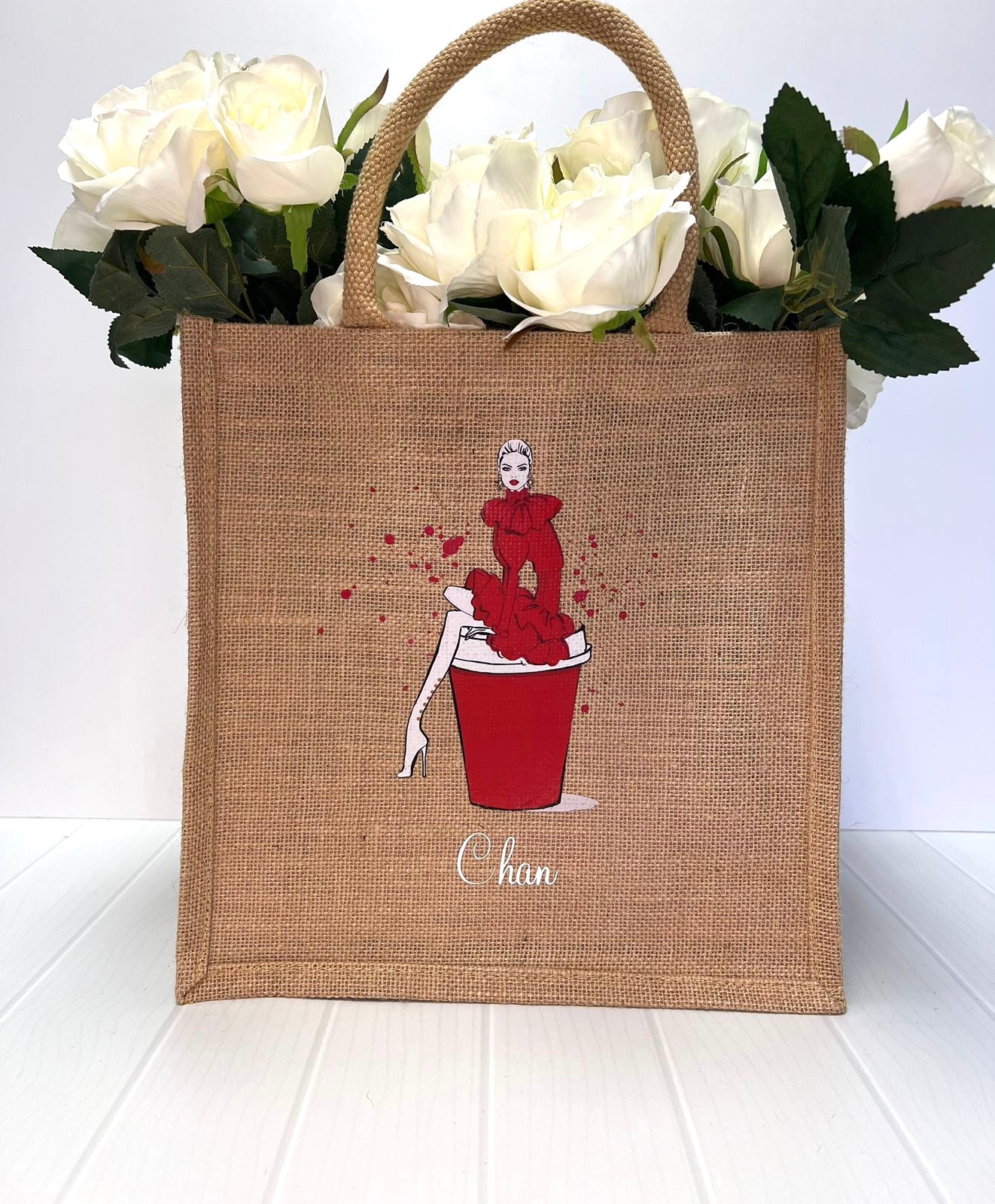 Medium Personalized Waterproof Burlap Tote - Red Espresso Collection