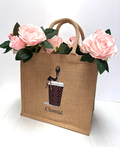 Medium Personalized Waterproof Burlap Tote - Cappuccino Collection