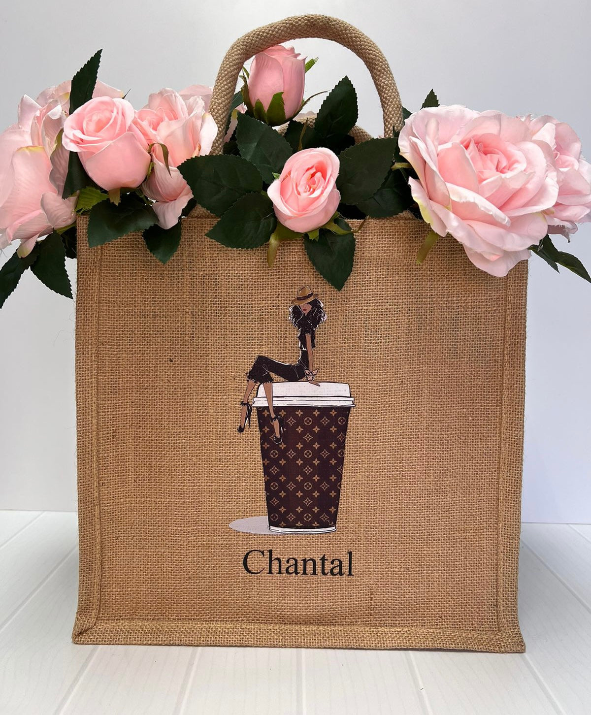 Medium Personalized Waterproof Burlap Tote - Cappuccino Collection