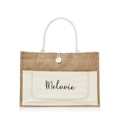XLarge Personalized Burlap Tote with Side Pocket -Cream