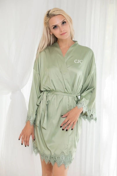 Ladies Lace Trimmed Sage Green Customized Robe